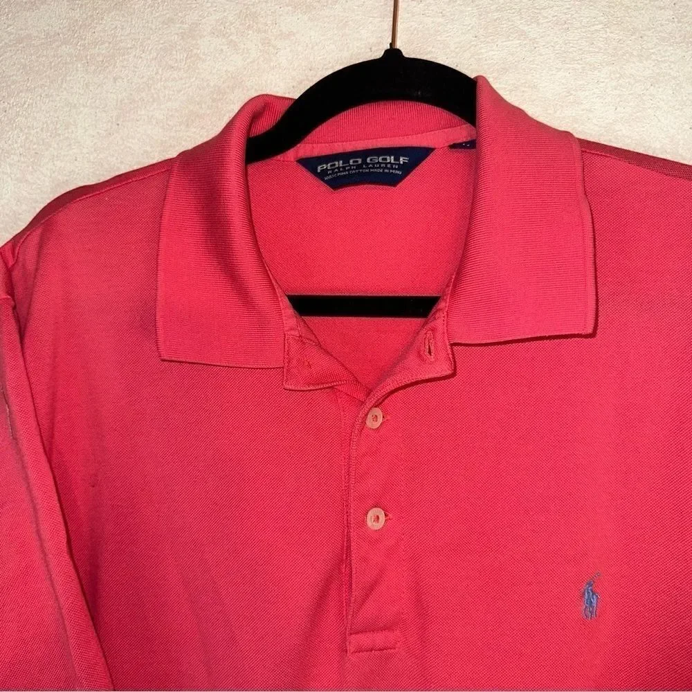 Ralph Lauren Polo Golf Shirt Mens Large Pink Ribbed Collar Gray Pony Logo Polo